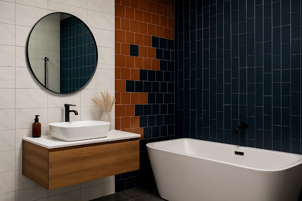 Сучасна ванна кімната з контрастним поєднанням білої, теракотової та темно-синьої плитки
