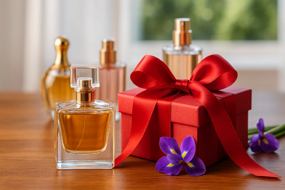 Парфуми у флаконі поруч із подарунковою коробкою з червоною стрічкою та квітами