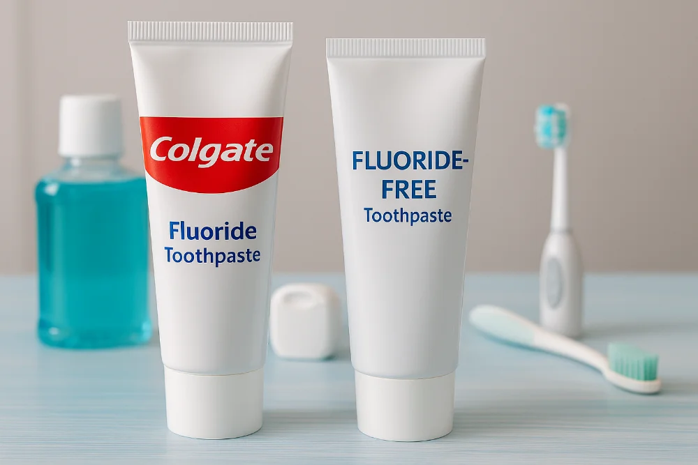 Два тюбики зубної пасти з фтором і без фтору поруч з ополіскувачем та щітками