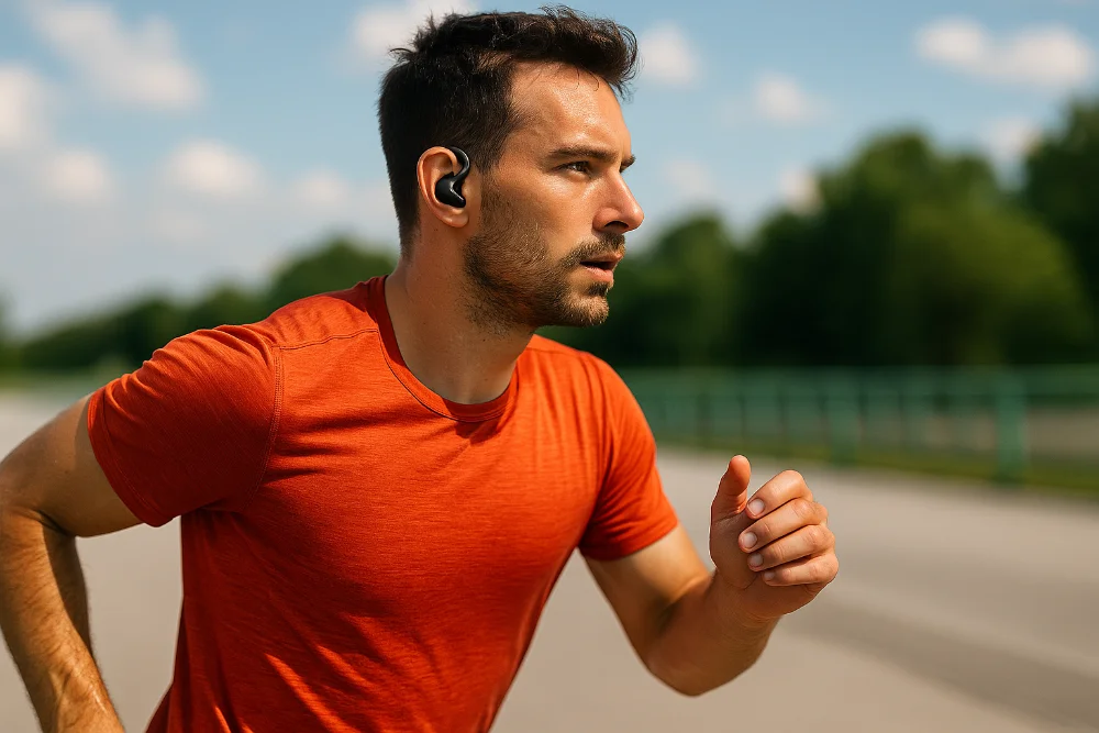 Чоловік у спортивній формі біжить на відкритому повітрі з TWS навушниками у вухах