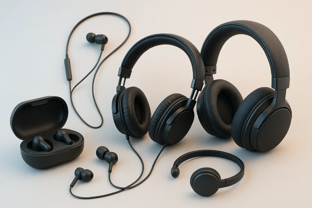 Різні типи навушників на світлому розмитому фоні з м’яким технічним освітленням