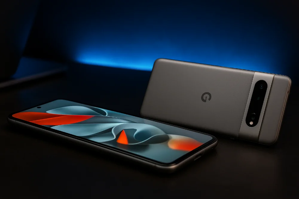 Сірий Google Pixel 9 Pro лежить на столі з акцентом на дисплей та камери, технічне освітлення