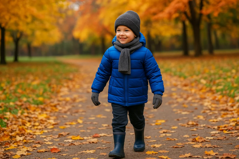 Дитина у синьому осінньому одязі гуляє парком серед різнобарвного листя