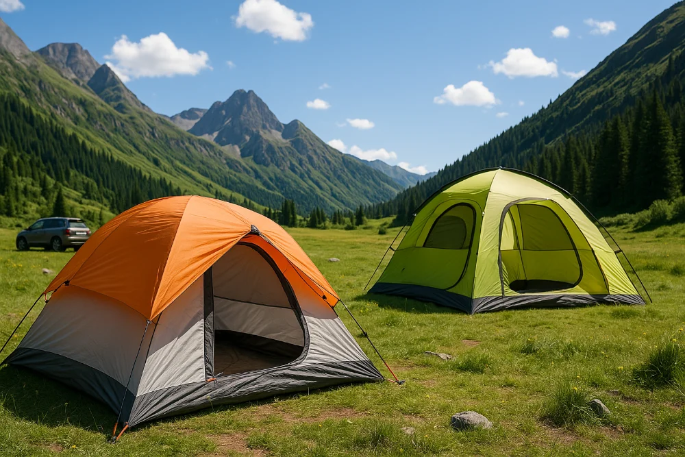 Два намети різних типів встановлені на зеленій галявині серед гір у сонячний день