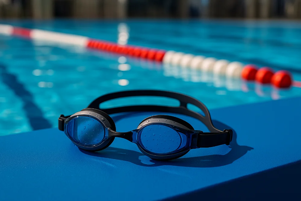 Фотографічне зображення окулярів для плавання біля бортика басейну з lane marker