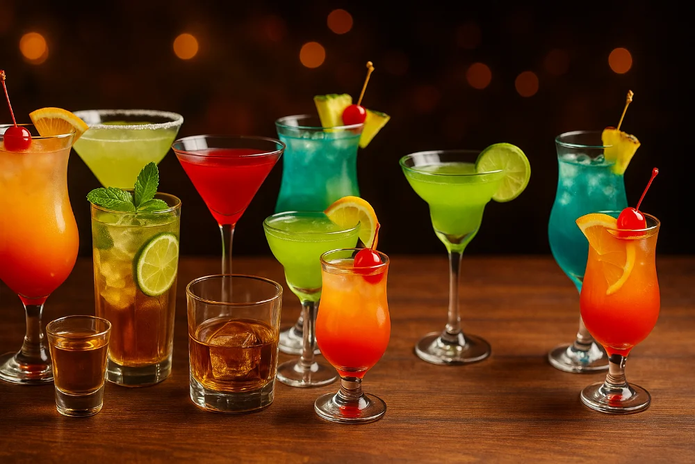 Набір різних типів келихів для вина, пива, коктейлів та міцних напоїв на дерев’яній поверхні