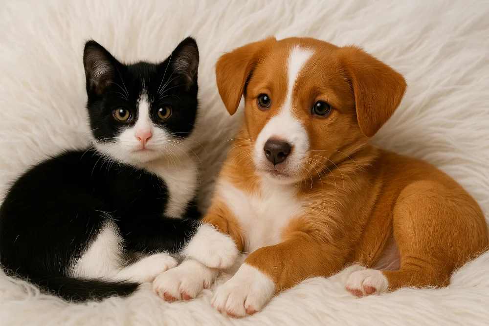 Чорно-біле кошеня та руде цуценя лежать поруч на білому пухнастому пледі