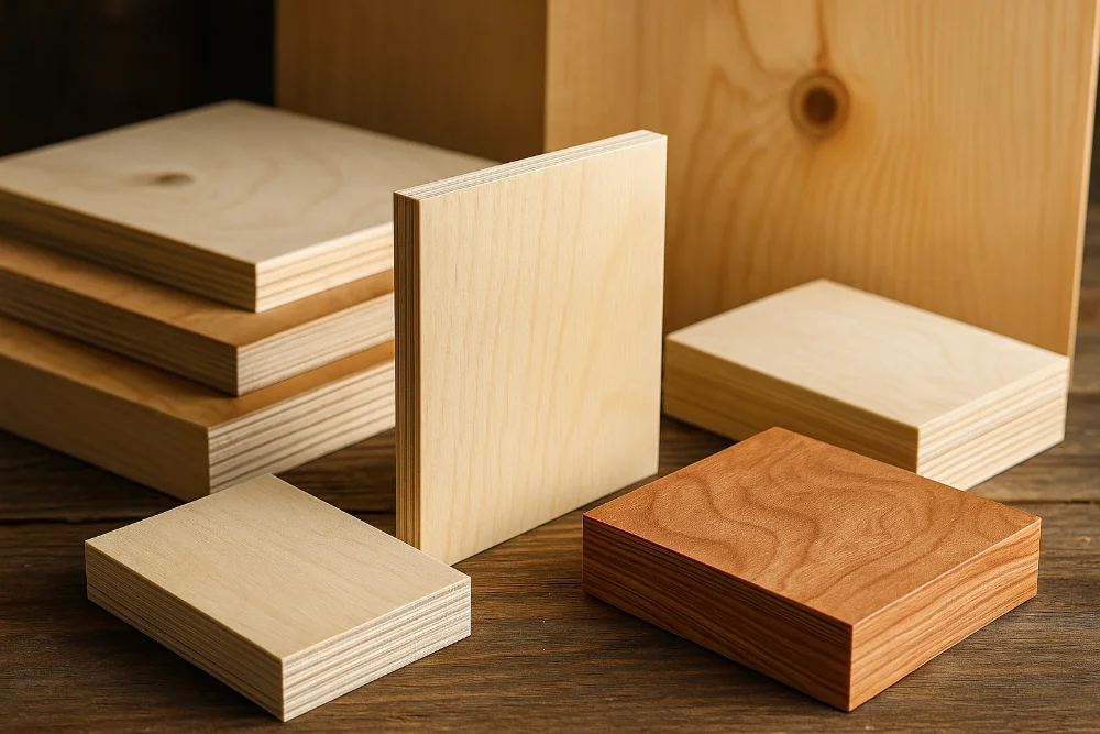 Різні види фанери з різною текстурою та товщиною, розкладені на дерев’яній поверхні