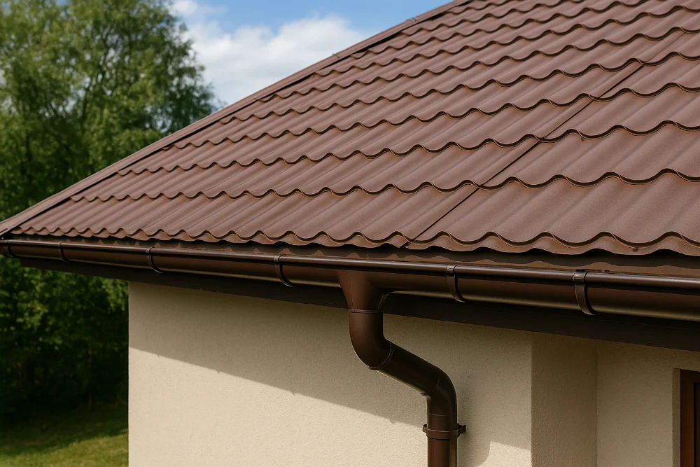 Металева покрівля коричневого кольору з водостоком під природним освітленням
