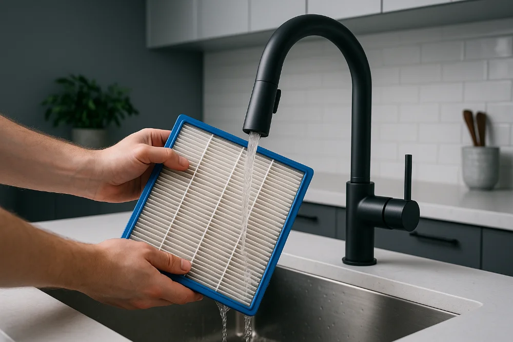 Людина миє HEPA фільтр під краном у кухні з природним освітленням