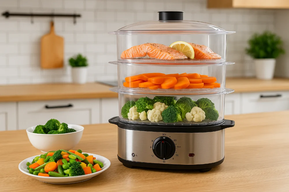 Пароварка Clatronic з овочами та лососем у світлій сучасній кухні