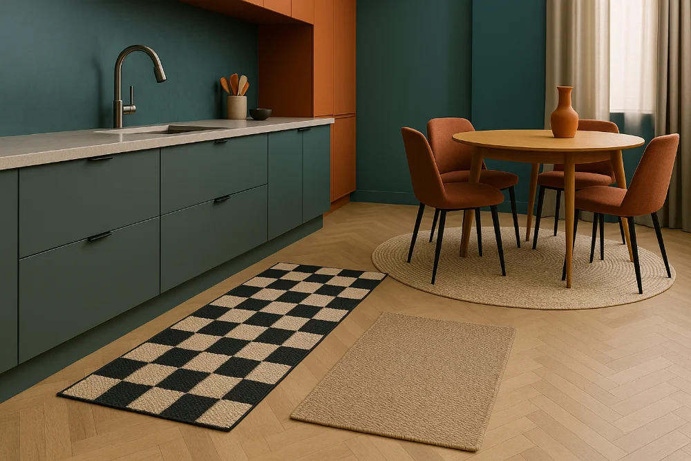 Сучасна кухня в модних тонах з килимовими доріжками та круглим килимом у зоні їдальні