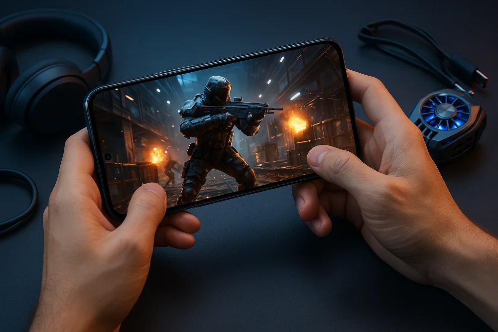 Геймер тримає смартфон горизонтально, граючи у шутер, поруч навушники та кулер