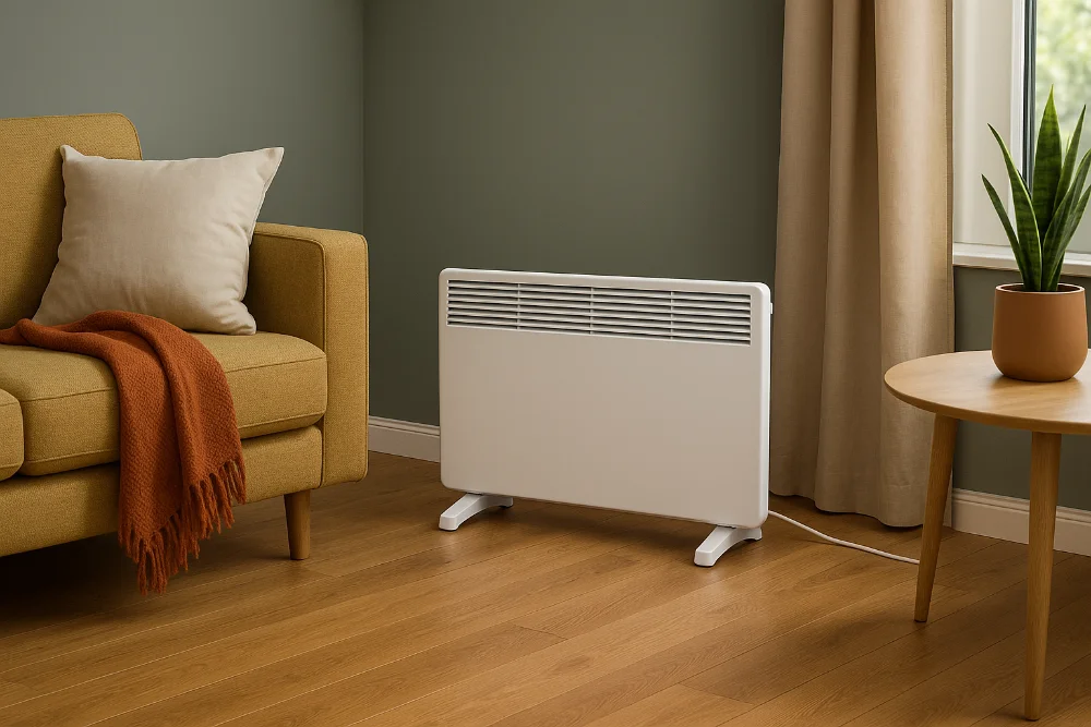 Білий конвектор у світлій вітальні з яскравими стінами та дерев’яною підлогою