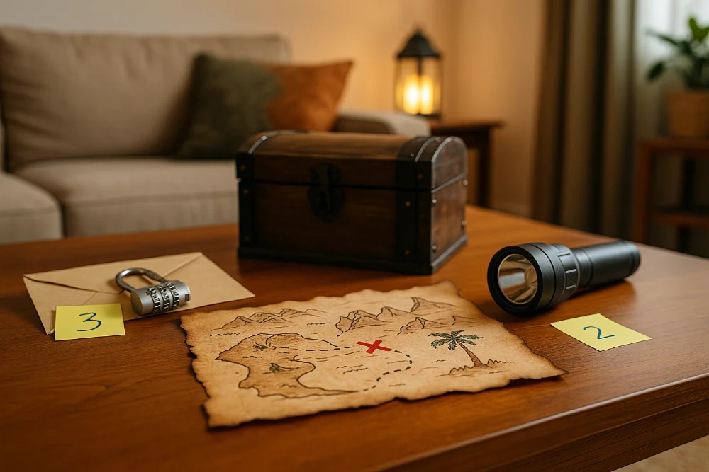 Стіл із картою, замком, конвертом, ліхтариком та скринею у кімнаті
