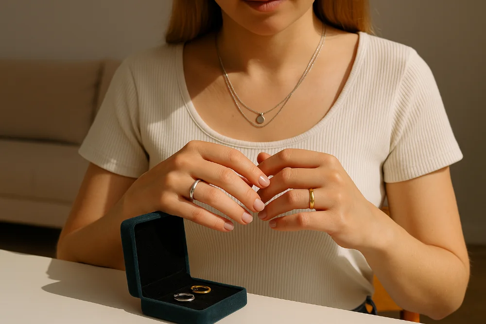 Жінка розглядає срібну та золоту каблучки на руках за денного освітлення