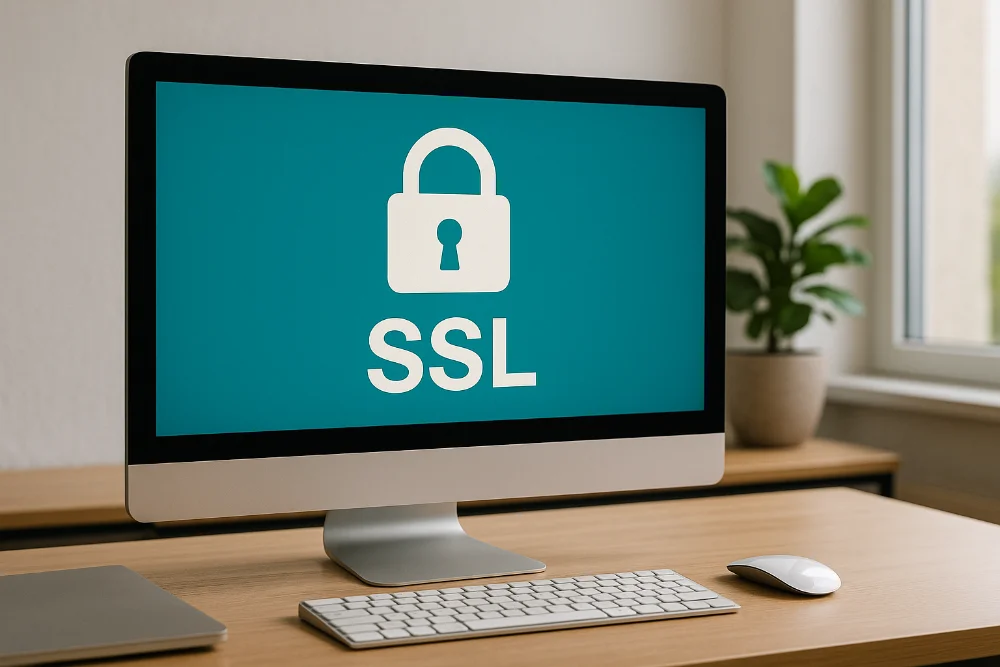 Широкоформатний монітор на робочому місці з іконкою замка SSL