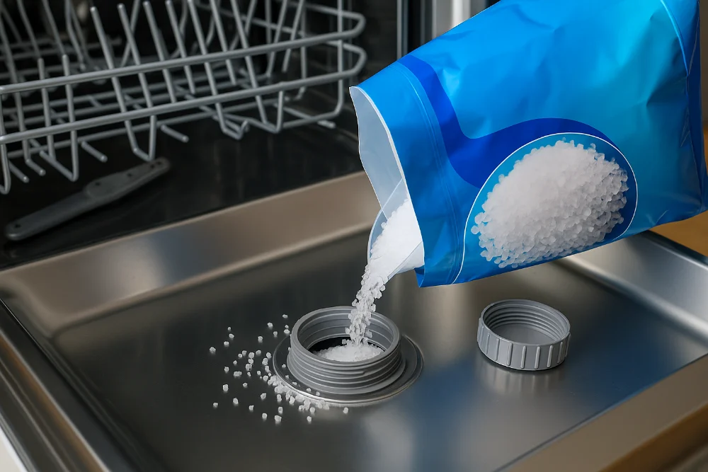 Насипання спеціальної солі у резервуар посудомийної машини для ефективної роботи