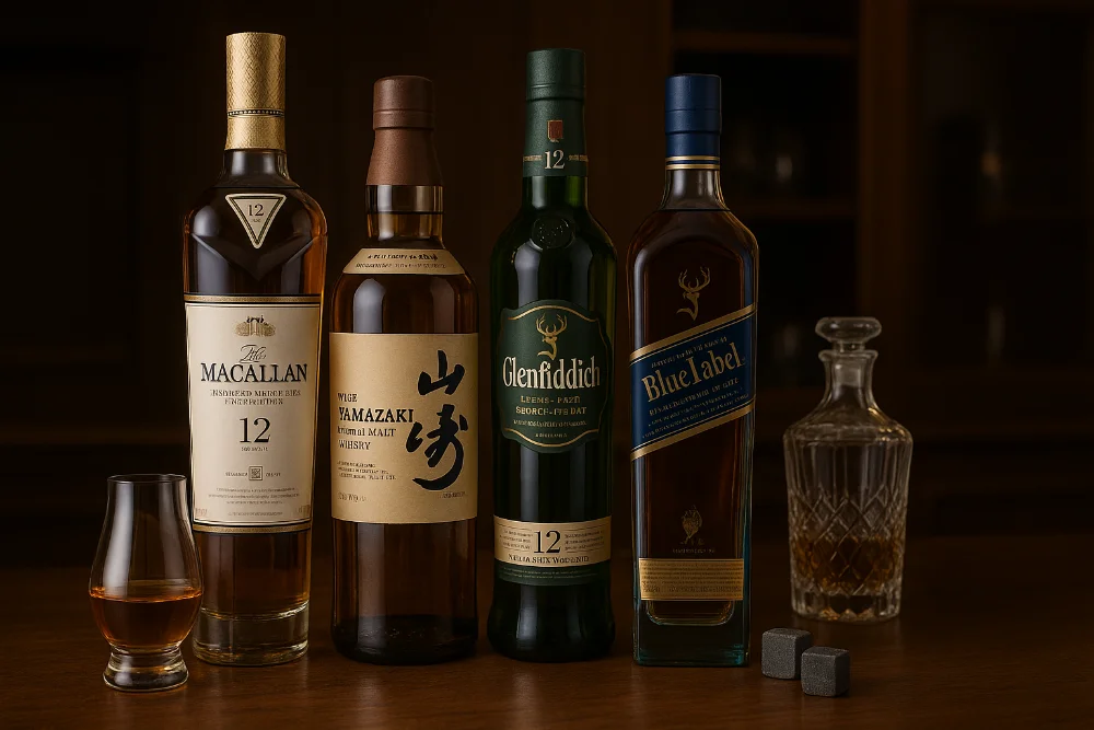 Пляшки преміального віскі на дерев’яному столі з келихом і декантером у теплому світлі