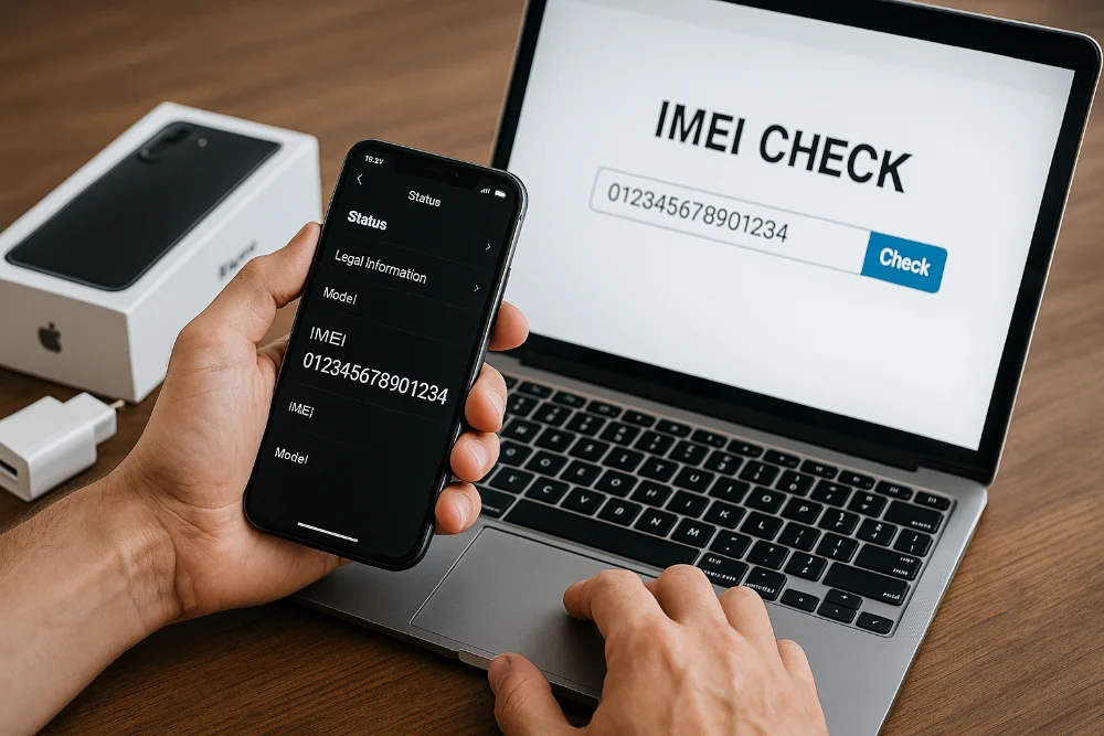 Людина перевіряє оригінальність смартфона через IMEI на офіційному сайті