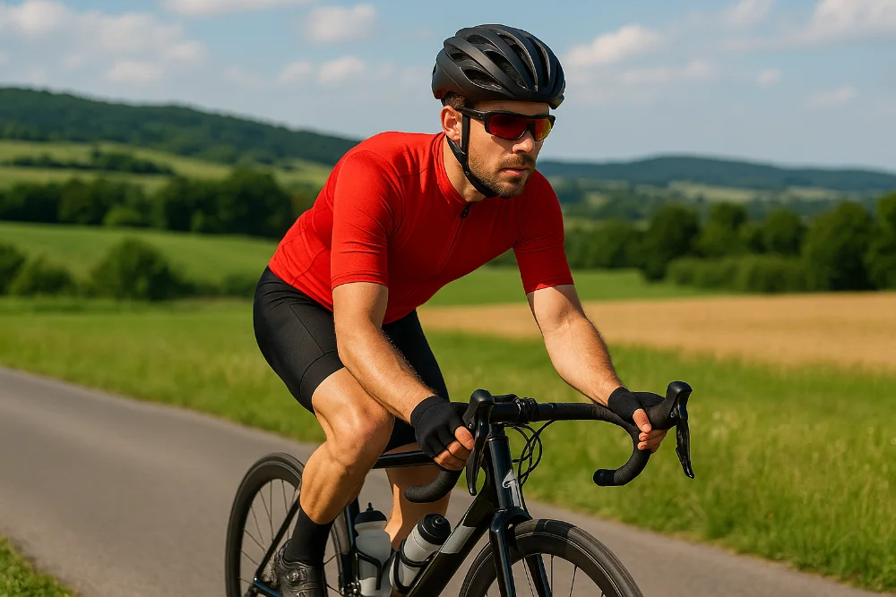 Велосипедист у червоному шосейному велоодязі на асфальтованій дорозі серед зелених пагорбів
