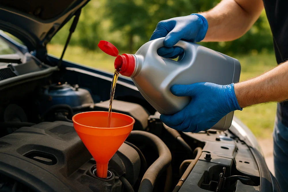 Механік у рукавичках заливає нову моторну оливу через помаранчеву воронку в двигун