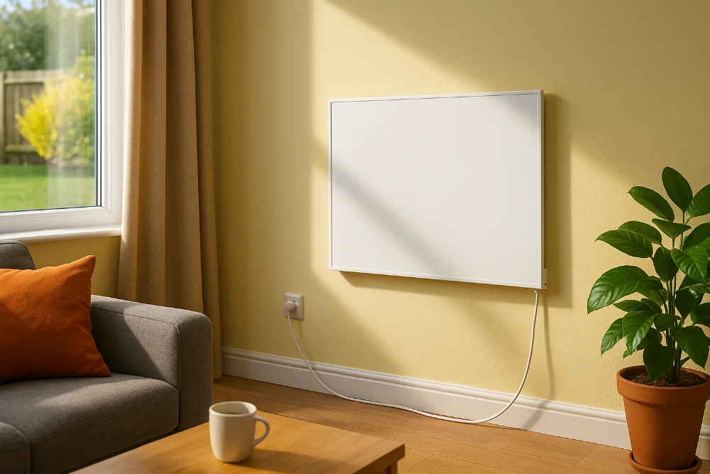 Інфрачервоний обігрівач на стіні у яскравій вітальні з природним освітленням