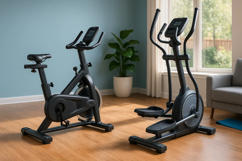 Реалістичне фото домашнього залу з велотренажером і орбітреком поруч, природне світло, сучасний інтер’єр