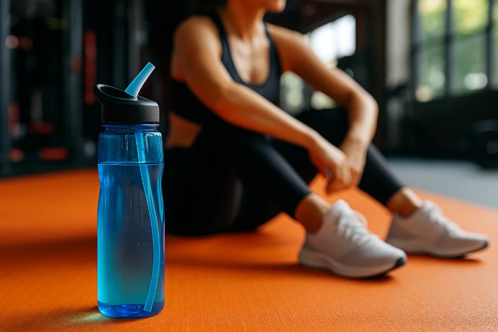 Спортивна пляшка з трубочкою на підлозі фітнес-залу поруч із людиною після тренування