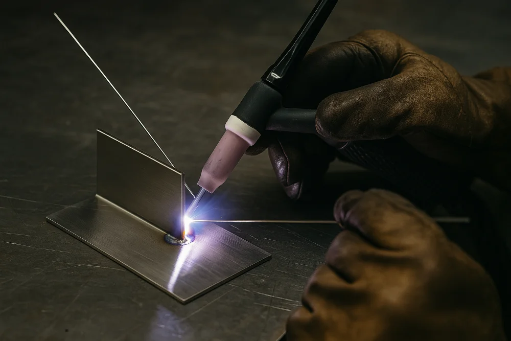 Руки майстра в рукавичках виконують TIG зварювання нержавіючих деталей