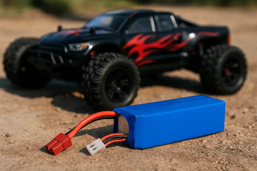 LiPo акумулятор поруч із RC-машинкою на гоночній трасі під сонячним освітленням
