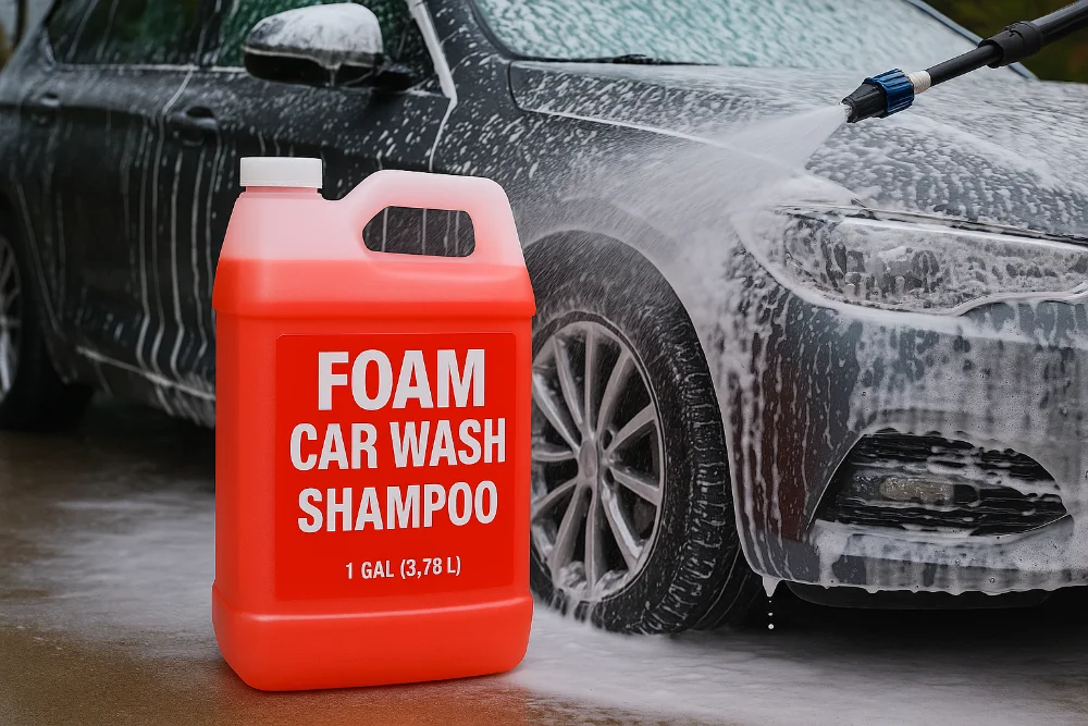 Пляшка шампуню AutoFoam Pro з логотипом на етикетці під час безконтактного миття авто