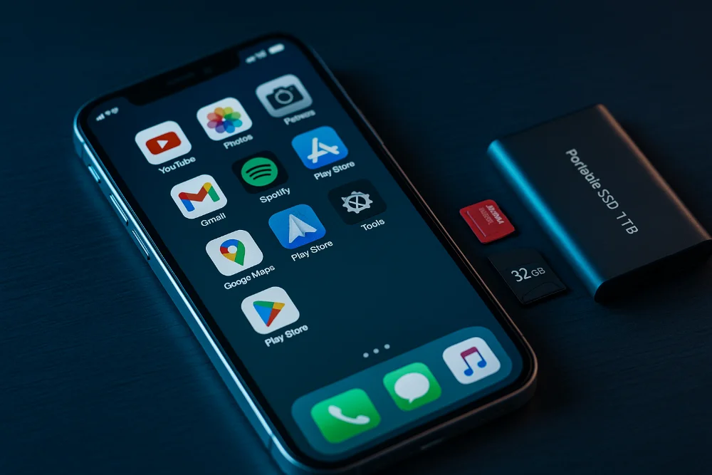 Смартфон поруч із microSD-картами та зовнішнім SSD на темному технічному фоні