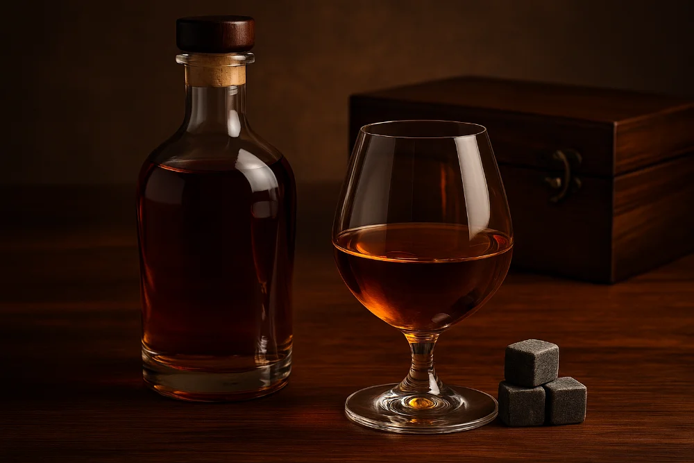 Фотографічно реалістичний келих бренді біля пляшки на дерев’яному столі з теплим освітленням