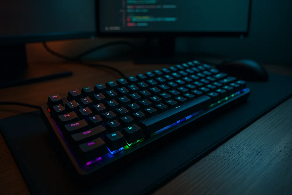 Механічна клавіатура з RGB-підсвіткою на дерев’яному столі поруч із монітором і мишею