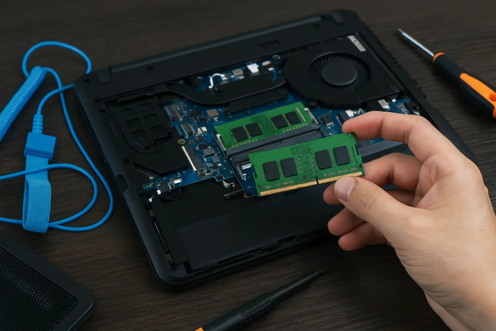 Рука тримає модуль оперативної пам’яті SO-DIMM біля відкритого ноутбука з інструментами