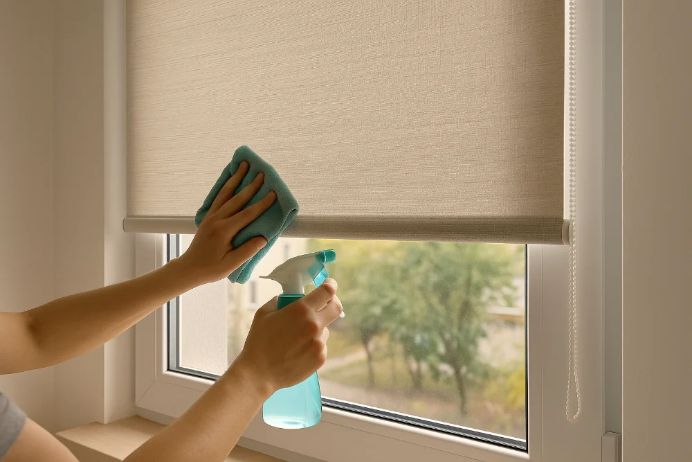 Людина протирає рулонні ролети мікрофіброю біля вікна, догляд за ролетами в інтер’єрі