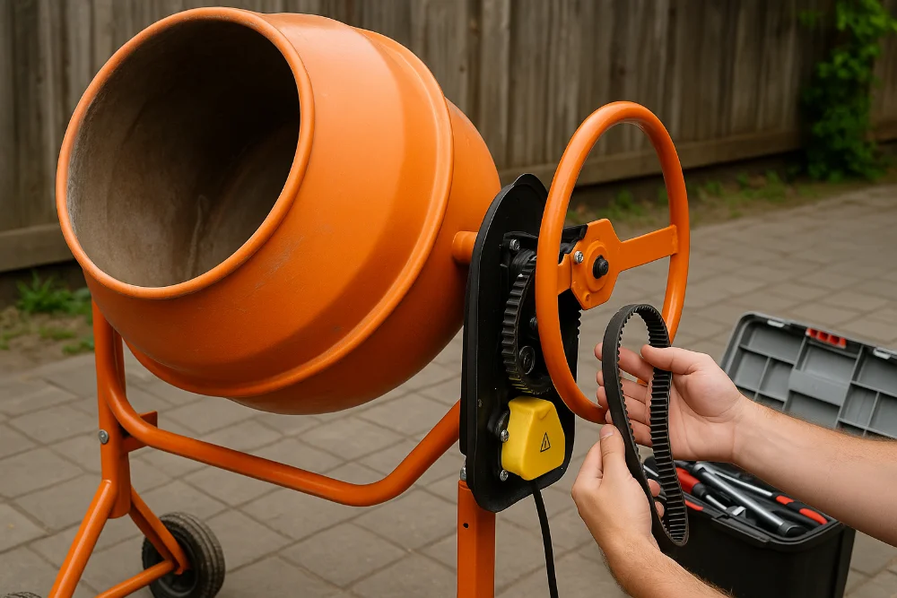 Майстер ремонтує помаранчеву бетономішалку, перевіряючи ремінь і механізм приводу на відкритому майданчику