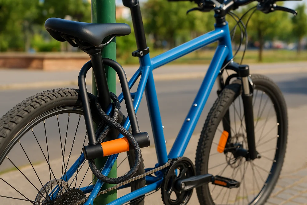 Синій велосипед із U-lock замком, закріплений до стійки на міській вулиці під сонцем