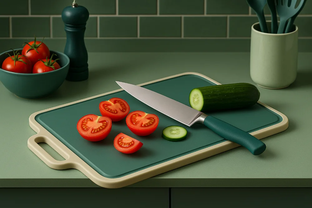 Натуральна дерев’яна обробна дошка з овочами та ножем у яскраво освітленій кухні