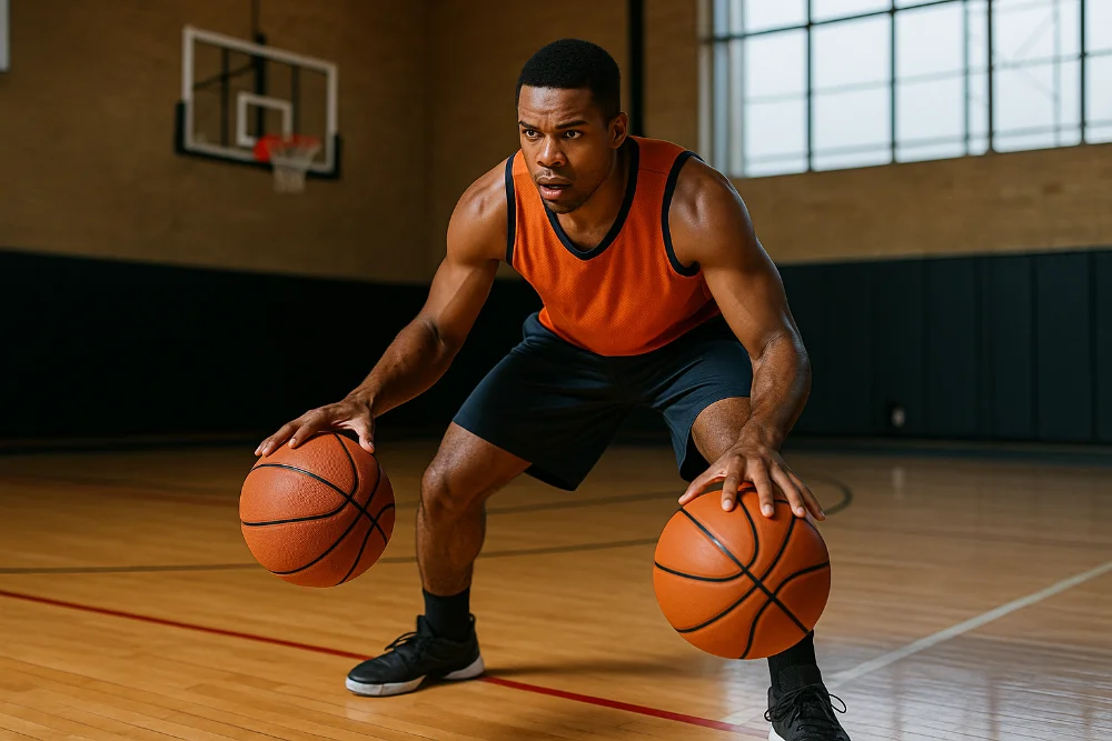 Баскетболіст тренується дриблінгу з двома м’ячами на майданчику під природним освітленням