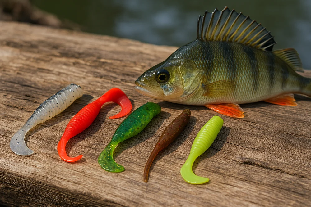 Набір силіконових приманок різних кольорів поруч із окунем на дерев’яній дошці біля водойми