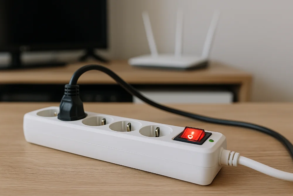 Білий мережевий фільтр із увімкненим індикатором живлення на столі поруч із комп’ютером і роутером