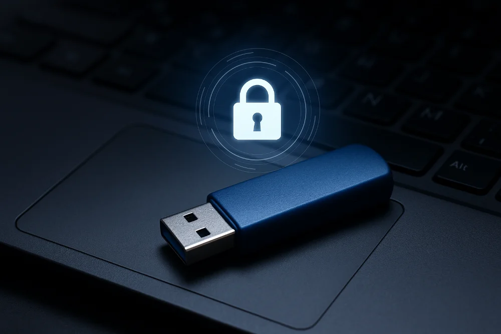 USB-флешка з цифровим замком, що символізує шифрування і безпеку даних