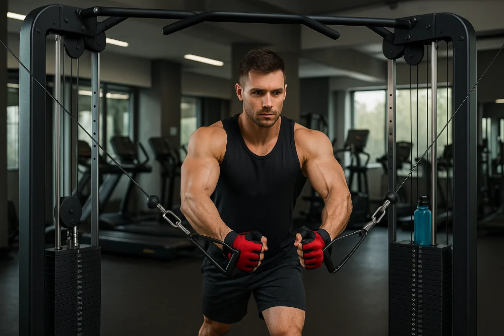 Спортсмен виконує вправу на кросовері у тренажерному залі з яскравим освітленням