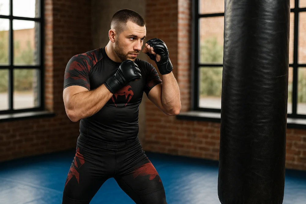 Спортсмен у компресійному рашгарді та шортах готується до тренування з бойових мистецтв у спортзалі