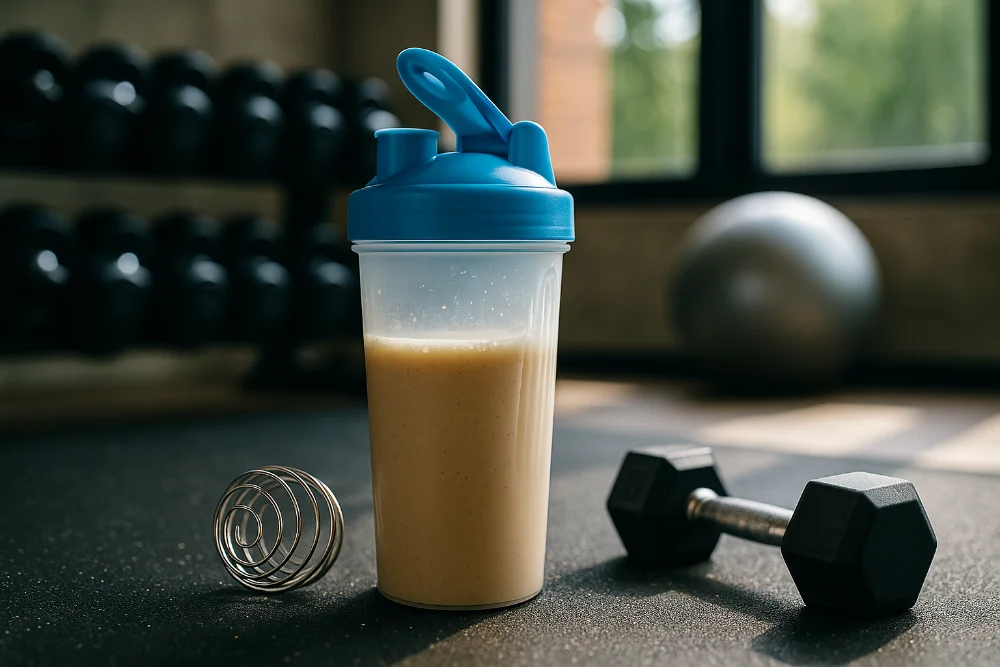 Шейкер для протеїну з блакитною кришкою стоїть на підлозі тренажерного залу поруч із гантелею та металевою кулькою для змішування