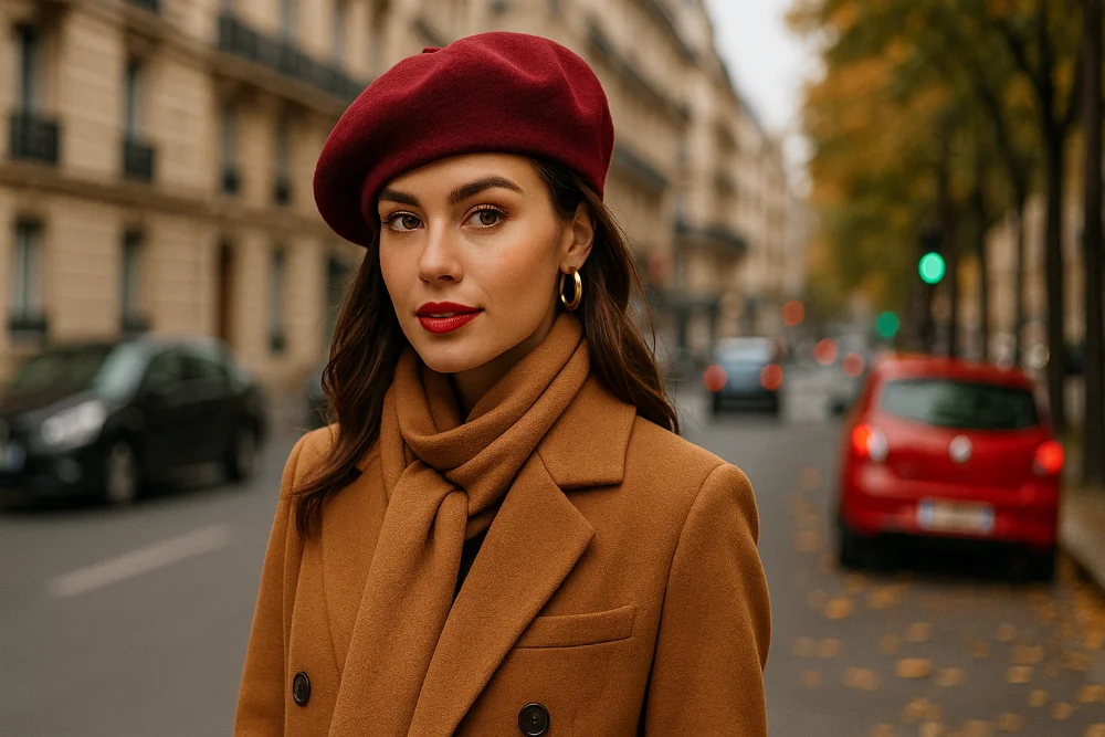 Стильна жінка у бордовому береті та пальті кольору карамелі на осінній міській вулиці