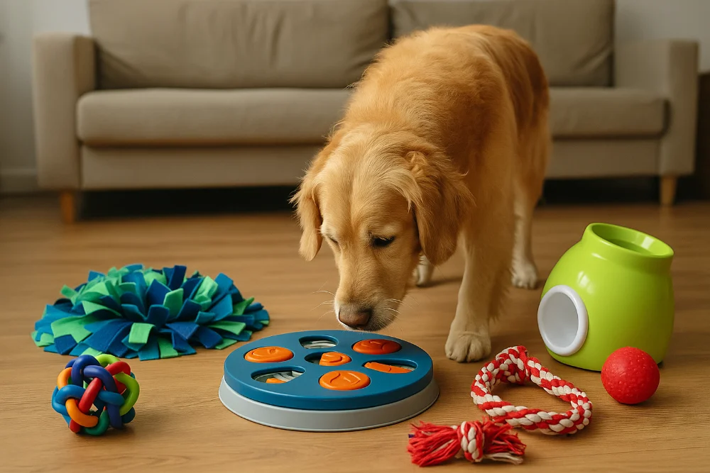 Золота ретриверка досліджує інтерактивну іграшку серед різних собачих аксесуарів на підлозі