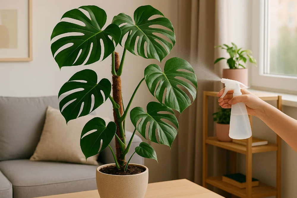Монстера в горщику біля вікна у світлій кімнаті, яку обприскують водою для догляду